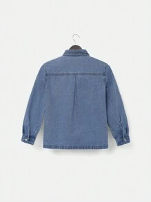 Chemise en jean décontractée pour garçon d'âge intermédiaire pour l'école et le quotidien, couleur bleu moyen lavé, détail d'étiquette tissée et poche plate. - Jean clair - Voir 2