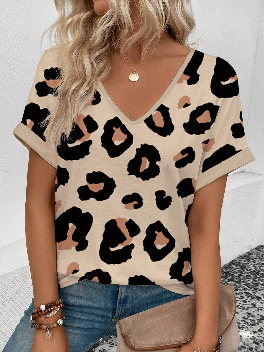 INAWLY 女士时尚宽松V领短袖T恤夏季图案猎豹印花T恤女式上衣
