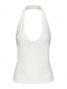 圆领纯色开衩露背短款背心，夏季度假日常