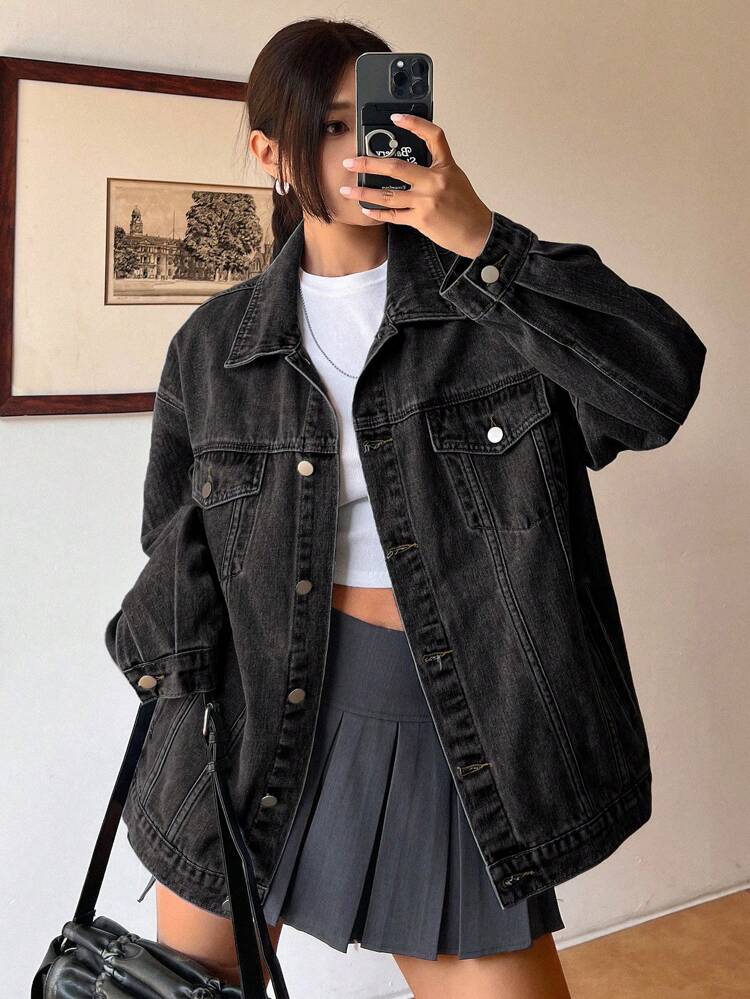 Turn-Down Collar, Pocket, Flap Decoration, Loose-Fit, Long Sleeve Women Denim Jacket Fall/Winter