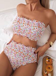Swim Mod Women Strapless Bandeau Floral Bikini Set, Random Print, Summer Beach - Multicolor - View 1