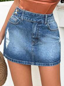 EURMUSE Rigid, Belt And Button Detailed Mini Skirt - Medium Wash - View 5