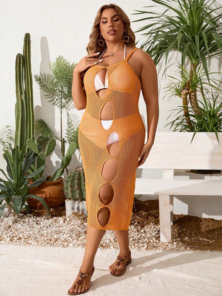Plus Size Hollow Out Knitted See-Through Cami Cover-Up Dress For Beach Vacation Summer