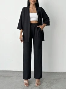 EURMUSE Solid Drop Shoulder Kimono & Pants - Black - View 6