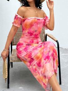 RueChic Off Shoulder Floral Print Vacation Style Ruffle Hem Midi Dress - Black - View 4