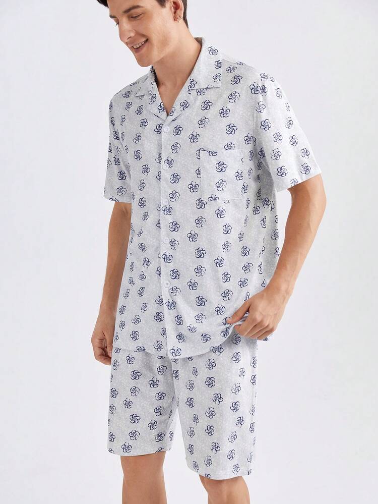 Men Summer Casual Printed Short Sleeve Shirt And Shorts Homewear Set