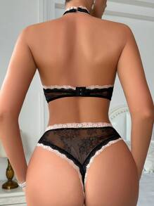 Women Lace Patchwork Hollow Out Backless Halter Sexy Bodysuit