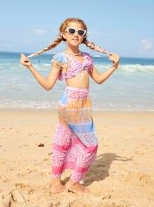 Tween Girl Floral Print Bikini Set With Skirt Cover Up Set Summer Beach - Multicolor - View 8