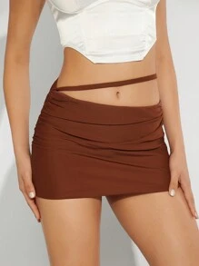 Hauture Strap Waist Ruched Mini Solid Skirt - Brown - View 1