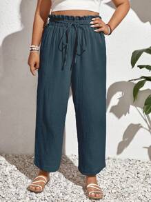 SHEIN Frenchy Plus Size Kỳ nghỉ Giải trí Túi giấy màu trơn Quần cạp cao - Màu xanh hải quân - Xem 6