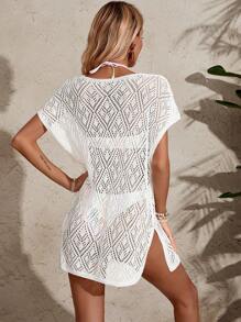 SHEIN X Clarissa Marchese SHEIN Swim Women's V-Neck Solid Color Fashionable Hollow Out Cover Up Summer - White - View 6