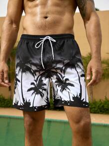 Manfinity Shorts de plage imprimés ombrés avec des arbres de noix de coco pour hommes de grande taille, shorts décontractés de vacances