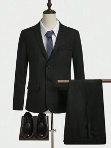 Manfinity VCAY Hombres Conjunto de falda de traje casual de solapa tejida unicolor de un solo botón y pantalón de traje