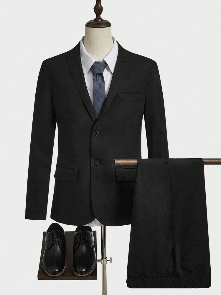 Men Solid Color Woven Flat Collar Single Breasted Suit Jacket And Suit Pants Casual Suit Set