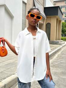 SHEIN Tween女孩運動街頭風寬鬆放鬆版肩墊襯衫,編織面印花 - 白色 - 查看 2