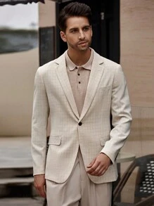 Manfinity Bizformal 男士格紋休閒商務春夏正式婚禮伴郎西裝外套 - 卡其色 - 查看 3