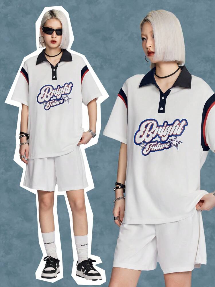 Polo Collar Contrast Color Street-Style Fashionable Playful Alphabet Print Top And Shorts Set