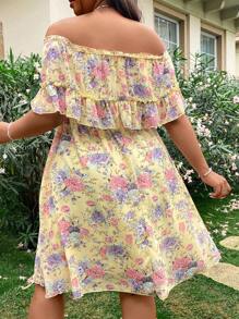 Sunnyshic Plus size off-shoulder bloemenprint romantische vakantiejurk