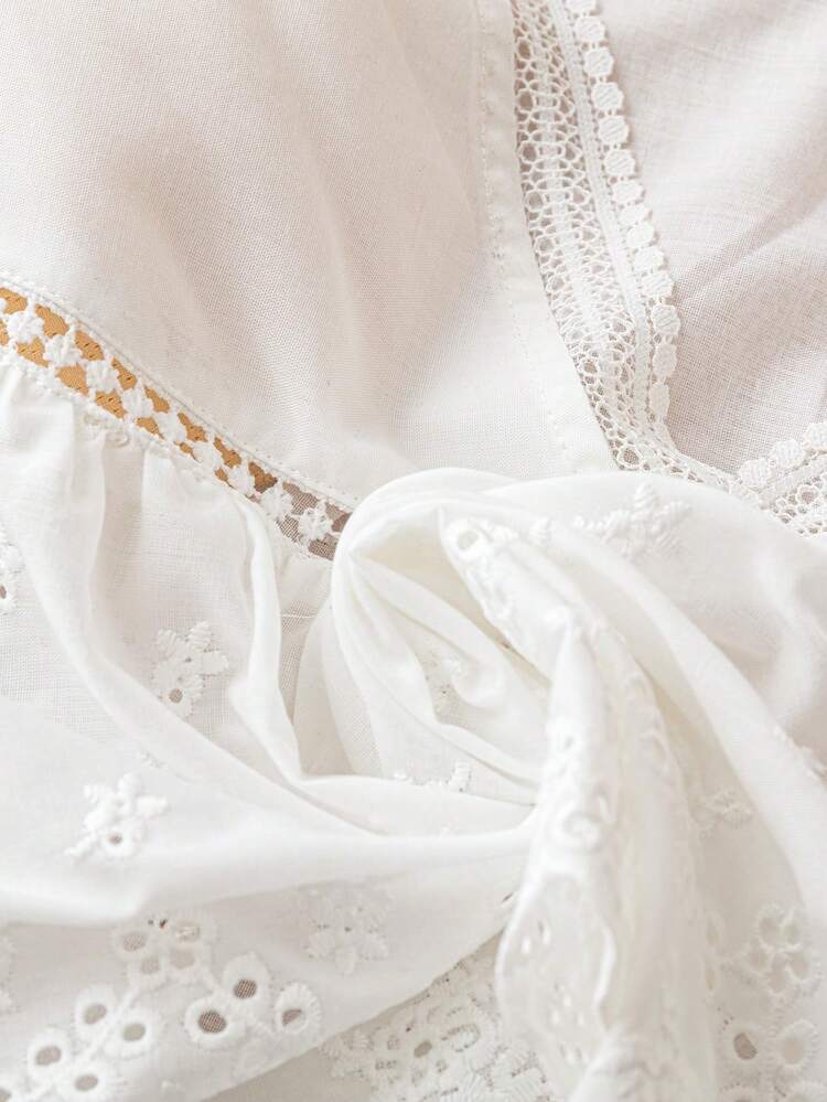 Summer Casual White Woven Hollow Out Embroidered Lace Trim Cap Sleeve Blouse