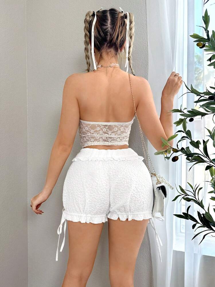 Ladies' Summer Solid Frilled Trim Drawstring Textured Shorts