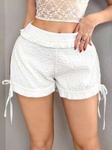 Sweetina Ladies' Summer Solid Frilled Trim Drawstring Textured Shorts - White - View 4