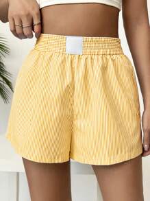 SHEIN EZwear Striped Patterned Elastic Waist Summer Casual Shorts - Yellow - View 1
