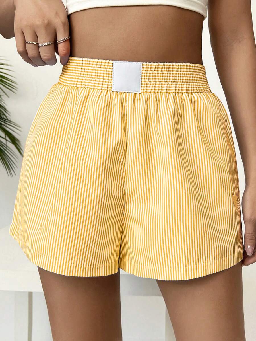 SHEIN EZwear Striped Patterned Elastic Waist Summer Casual Shorts - Yellow - View 1