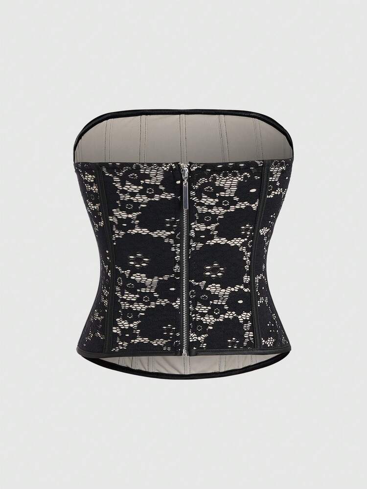 Back Zipper Vintage Printed Strapless Top