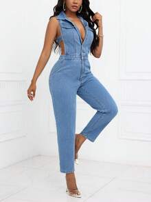 SHEIN SXY Summer Casual Solid Color Sleeveless Denim Jumpsuit With Lapel, Front Button Closure And Pockets - Blue - View 5