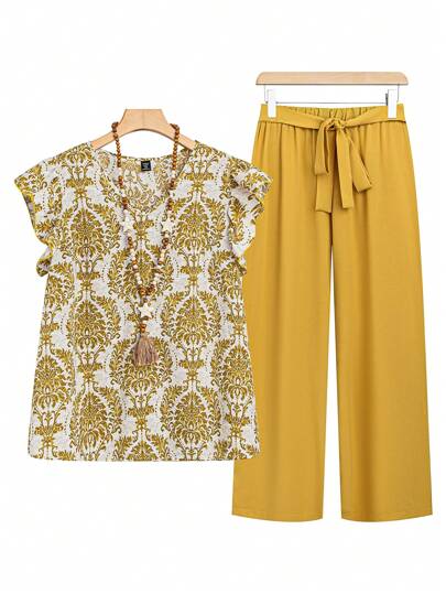 EMERY ROSE 大尺碼女性夏季2件套裝-寬鬆款植物印花圓領短袖上衣和褲子，適用於度假