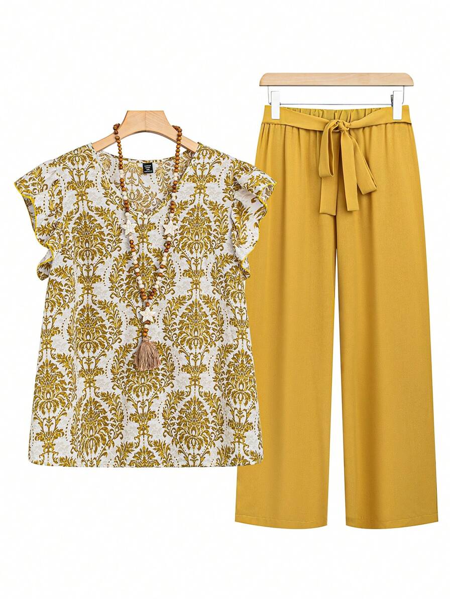 EMERY ROSE 大尺碼女性夏季2件套裝-寬鬆款植物印花圓領短袖上衣和褲子，適用於度假 - 黃色 - 查看 1