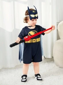 SHEIN 3pcs/Set Infant Boys' Casual Fun Color-Block Letter Printed Jumpsuits With Cape And Hat, Spring/Summer - Multicolor - View 5