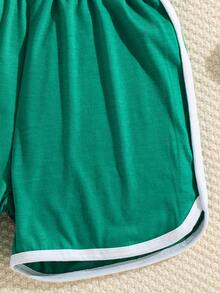 SHEIN Tween Girl Letter Number Print Cami Top & Contrast Neck High-Low Hem Top & Sports Shorts Set, Suitable For Sports And Outdoor Activities In Summer - Olive Green - View 6