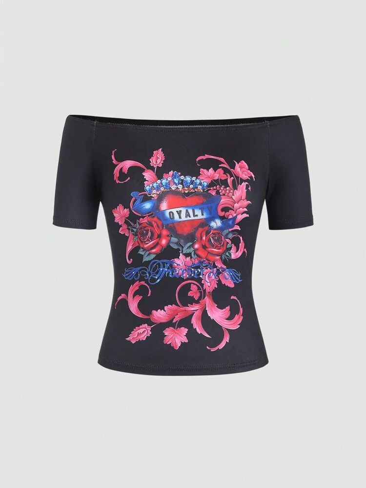 Women Fashionable Heart Print Off Shoulder Short Sleeve T-Shirt