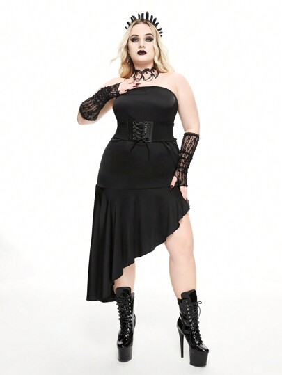 Goth Elastic Satin Strapless Asymmetrical Hem Bodycon Plus Size Dress