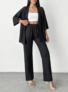 EURMUSE Solid Drop Shoulder Kimono & Pants - Black - View 4