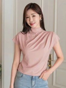 DAZY Women Solid Color Asymmetric Pleated T-Shirt - Pink - View 1