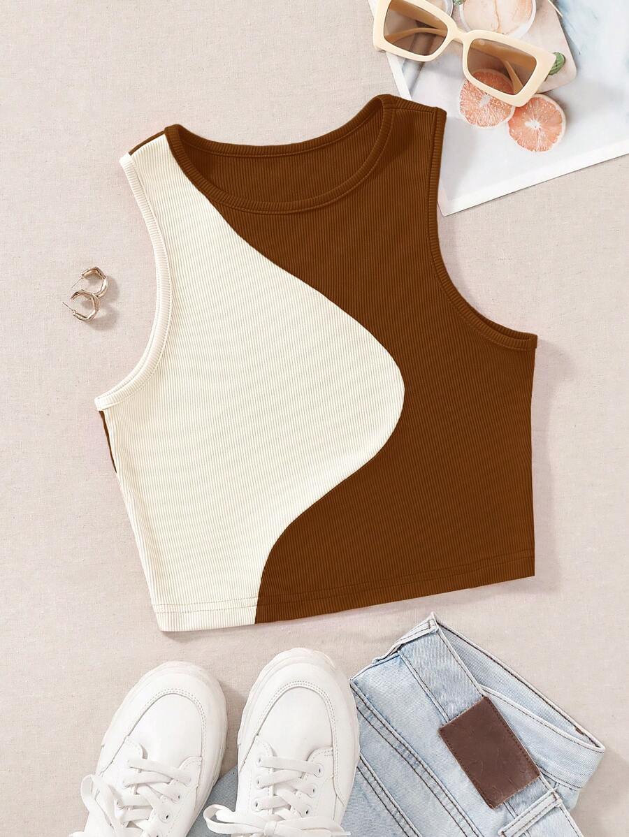 SHEIN EZwear Plus Size Summer Casual Slim Fit Color Block Tank Top - Brown - View 1