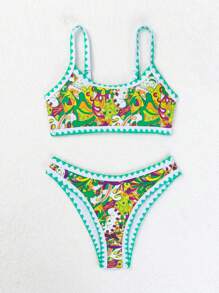 SHEIN Swim 女士度假海滩随机印花拼色边比基尼套装夏季海滩 - 彩色 - 查看 3