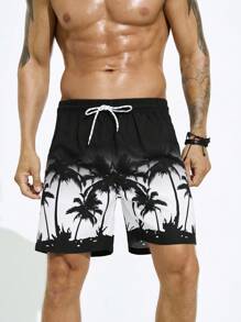 Manfinity Shorts de plage imprimés ombrés avec des arbres de noix de coco pour hommes de grande taille, shorts décontractés de vacances