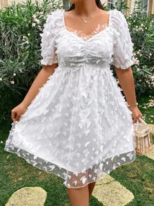 Sunnyshic Plus Size Mùa Hè Lãng Mạn Bướm Đính Lưới Người Yêu Cổ Áo Đầm Tay Ngắn - trắng - Xem 1