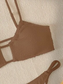 SHEIN Swim Summer Beach Women Solid Color Simple Daily Separated Bikini Set - Coffee Brown - View 3