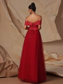 Vestido de noche formal de mujer VIPGIRL con hombros descubiertos, malla y cintura alta en contraste