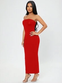 SHEIN PETITE 分裂背管狀夏季女裝連身裙 - 紅色 - 查看 5