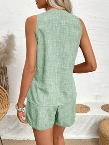 EMERY ROSE Women Fashionable Loose Fit Casual Vest And Shorts Set, Versatile Style