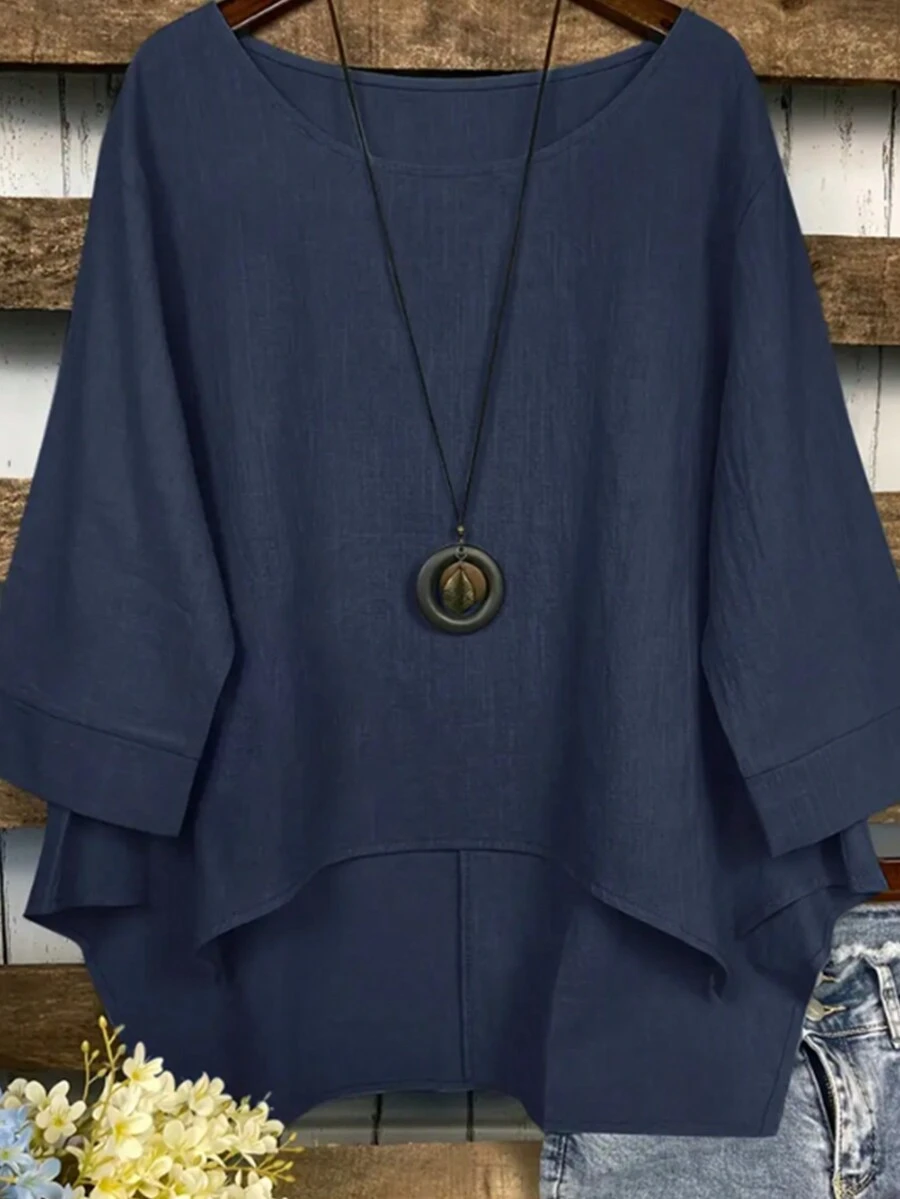 女士簡約純色寬鬆長袖休閒襯衫 - 藏蓝色 - 查看 1