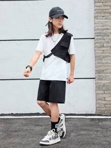 SHEIN Tween Boy Two Tone Flap Pocket Tee & Shorts