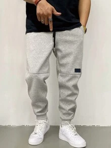 Manfinity Hypemode Men Patched Detail Drawstring Waist Sweatpants, Going Out Casual Light Grey Sweatpants, For Husband, Boyfriend Gifts