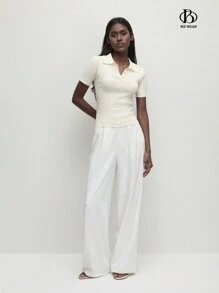 BizChic Top de Malha com Gola Polo Elegante, Manga Curta, Ajustada e Graciosa