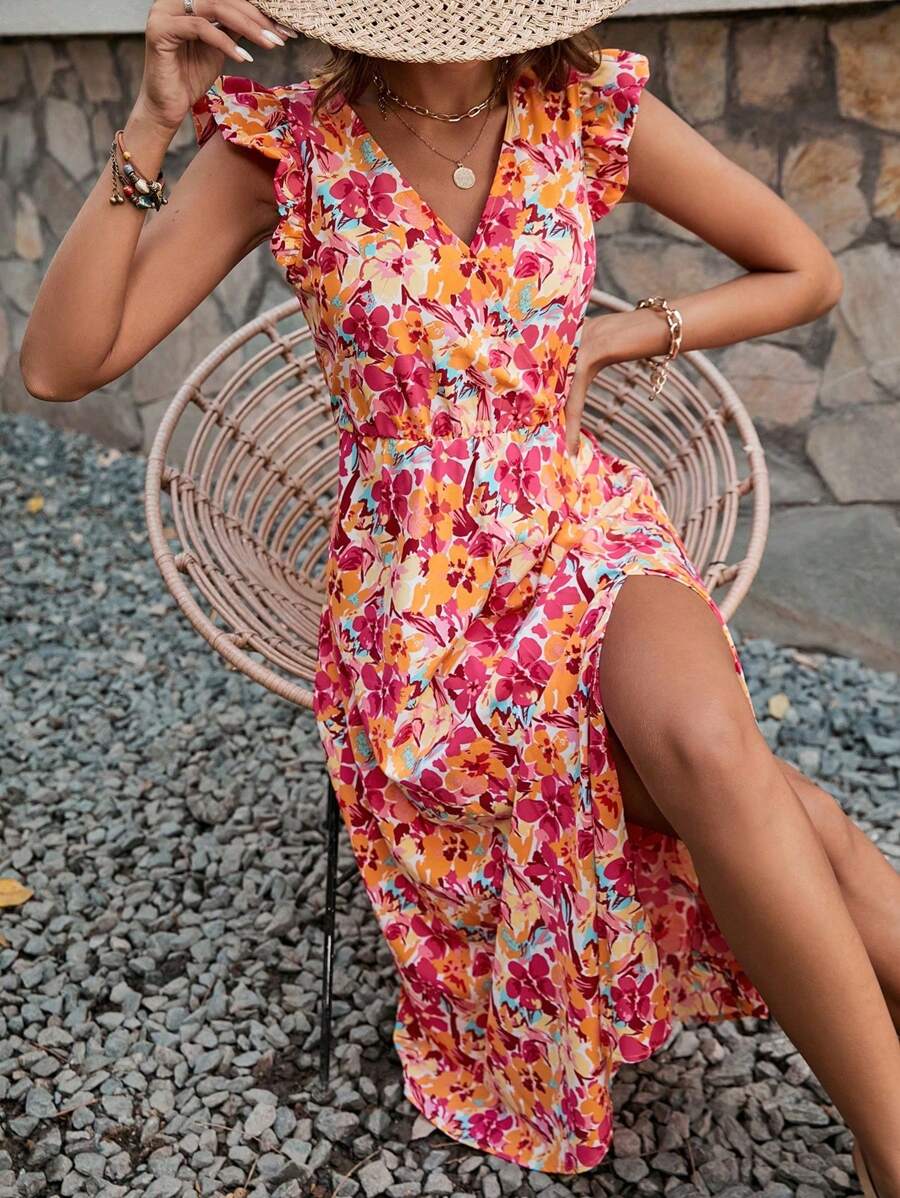 SHEIN Frenchy 大尺碼V領全印花交叉高開叉連身裙 - 彩色 - 查看 1